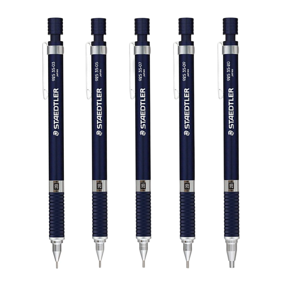 Staedtler 925 25 and 925 35 (0.5mm for both), and a green Kokuyo