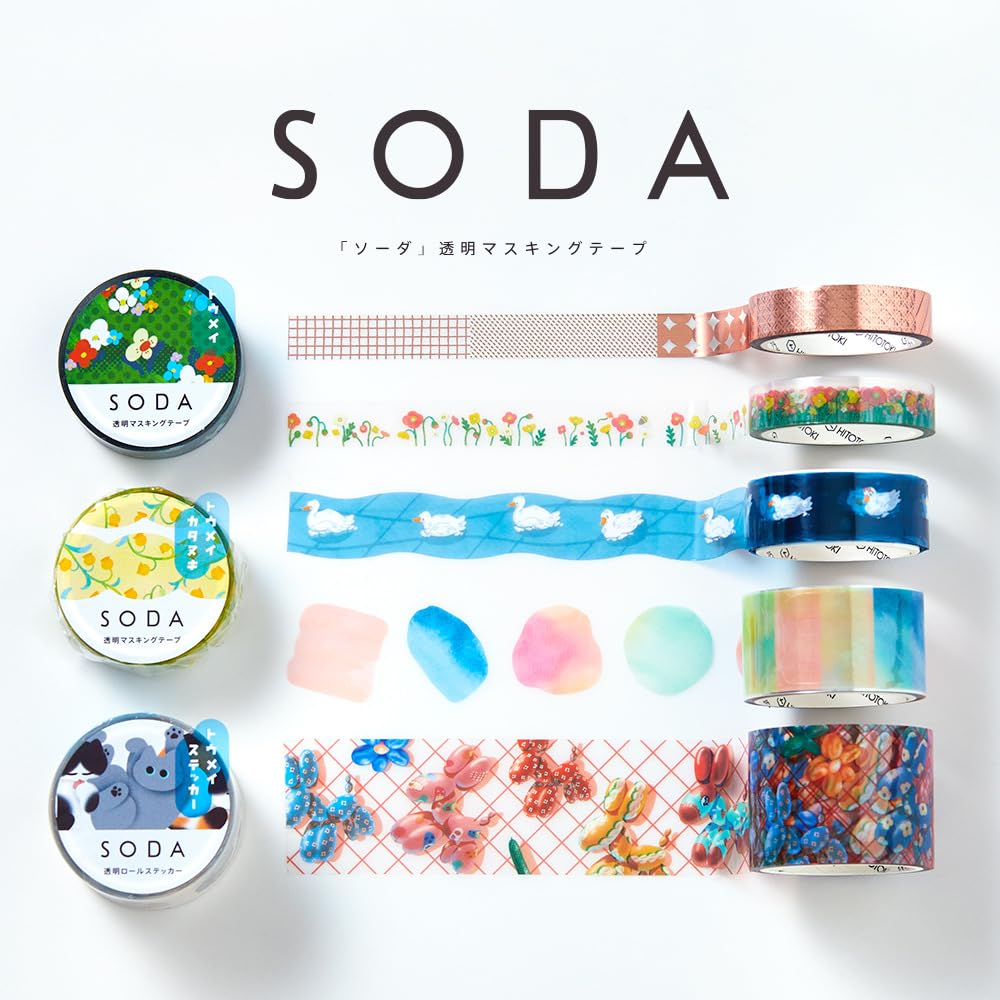 Collection of colorful washi tape rolls with 'SODA' branding on a white background