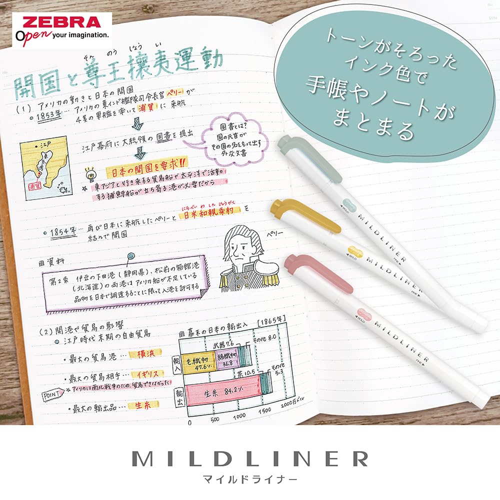 Zebra Mildliner Double - Sided Highlighters - 5 Calm Color Set - 2025 New - ZEBRA WKT7 - 5C - OT - IRO