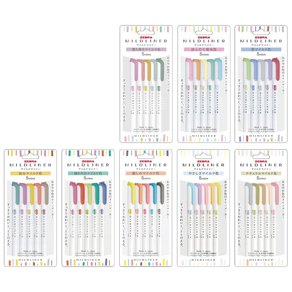 Zebra Mildliner Double - Sided Highlighters - 5 Calm Color Set - 2025 New - ZEBRA WKT7 - 5C - OT - IRO