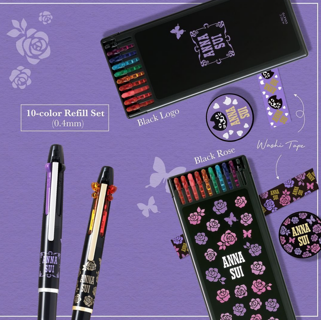 Gel Pen Refills Pilot Hi-Tec-C Coleto Multi Pen 10 Color Refill and Washi Tape Set - Anna Sui Limited Edition - Black Rose - 0.4 mm PILOT LHKRF-C4A10C-BR