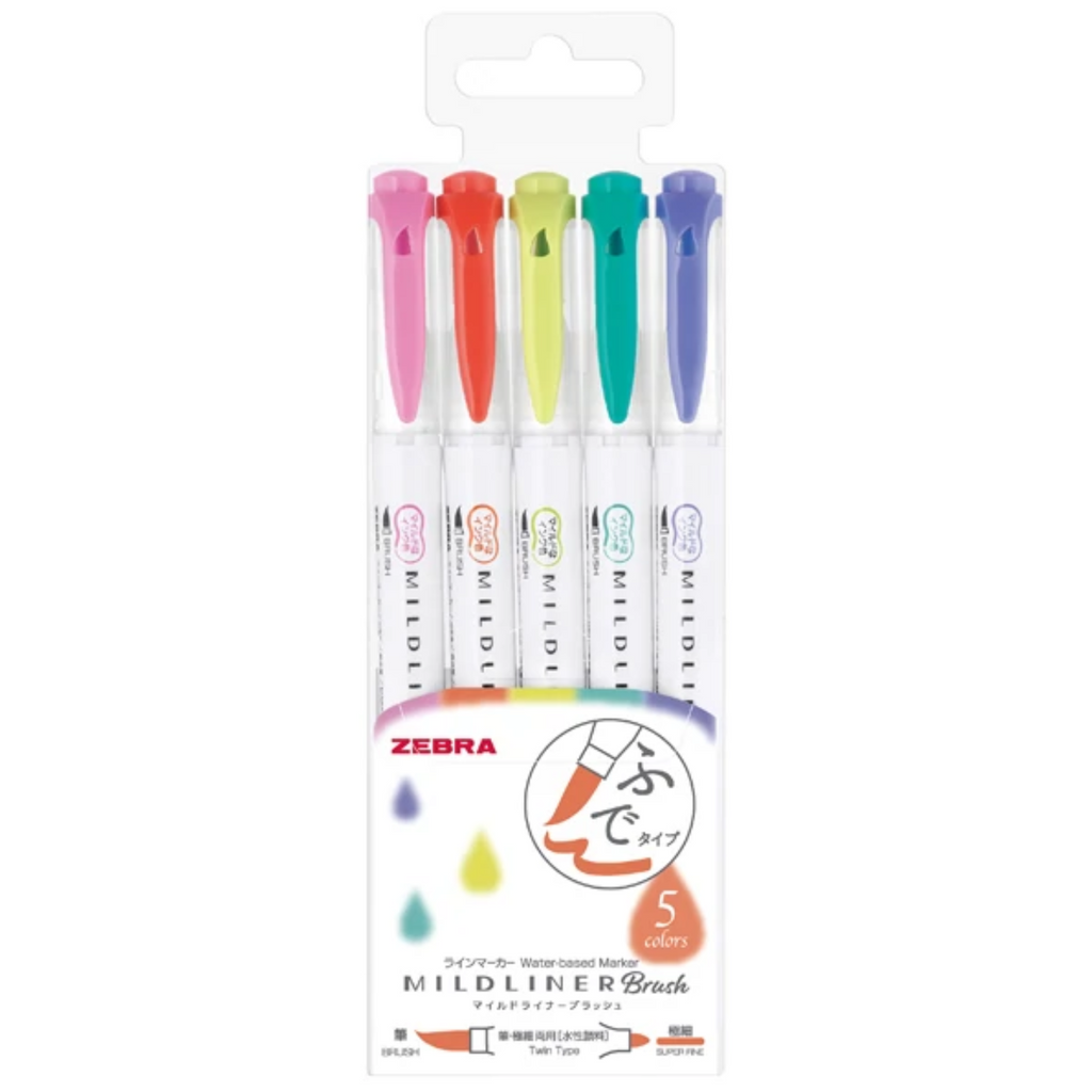 Brush Pens Zebra Mildliner Double-Sided Brush Pen - Bullet Tip / Brush - 5 Color Set Bright Color ZEBRA WFT8-5C-HC