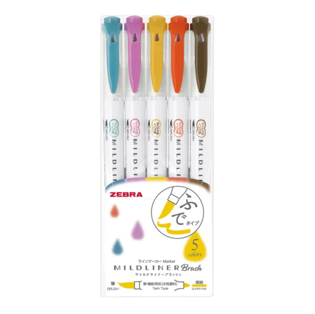 Brush Pens Zebra Mildliner Double-Sided Brush Pen - Bullet Tip / Brush - 5 Color Set Dark Color ZEBRA WFT8-5C-RC