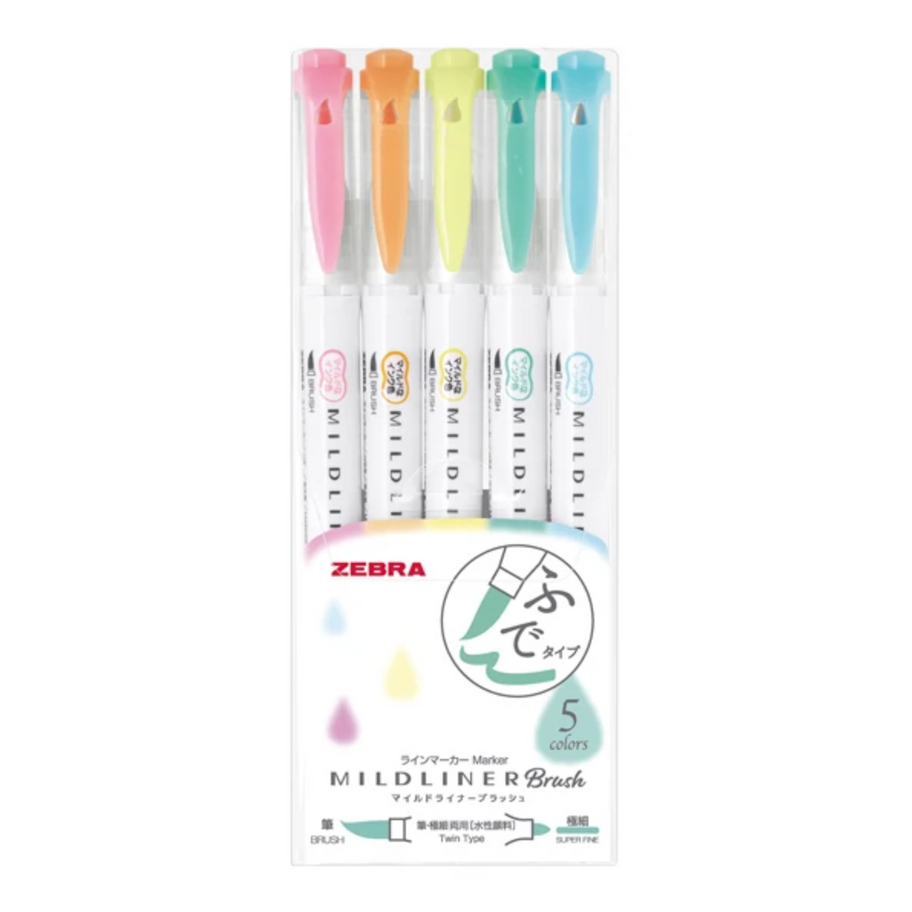 Brush Pens Zebra Mildliner Double-Sided Brush Pen - Bullet Tip / Brush - 5 Color Set Fluorescent Color ZEBRA WFT8-5C