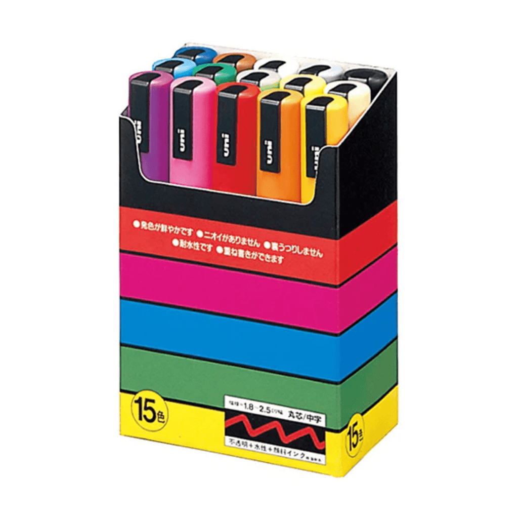 Uni Posca PC - 3M Paint Markers - Fine Tip - 15 Color Set - 1.3 mm - UNI PC3M15C - IRO